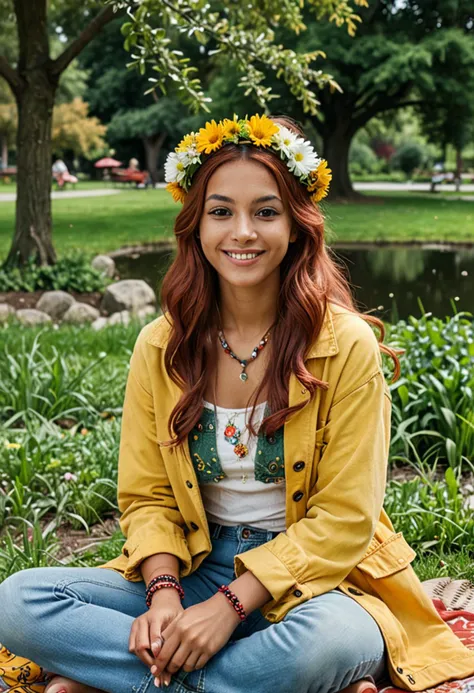 (medium full shot) of (peace-loving hippie) young woman, arabian, tan skin, brown eyes, Medium build, long red retro hair, wearing a yellow vintage jacket, flare jeans, flower crown, flip-flops, wooden bracelets, handmade wrap, set in the 1960s, in  city Park, lush green grass with people picnicking, children playing, a pond with ducks, large trees providing shade, flower beds in full bloom, woman smiling, ,Masterpiece,best quality, photo, realistic, very aesthetic, detailed face,