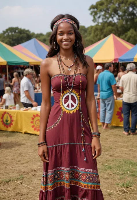 masterpiece, reality, 4k, (medium full shot) of (earthy hippie) young woman, south african, dark skin, black eyes, slim build, medium dark  hair, wearing a burgundy strapless dress with bohemian prints, beaded headband, barefoot, peace sign pendant, tie-dye scarf, peace sign, set in the 1960s, in  music Festival, open field with colorful tents, stage with live band, people dancing and singing, food stalls with vibrant decorations, woman smiling