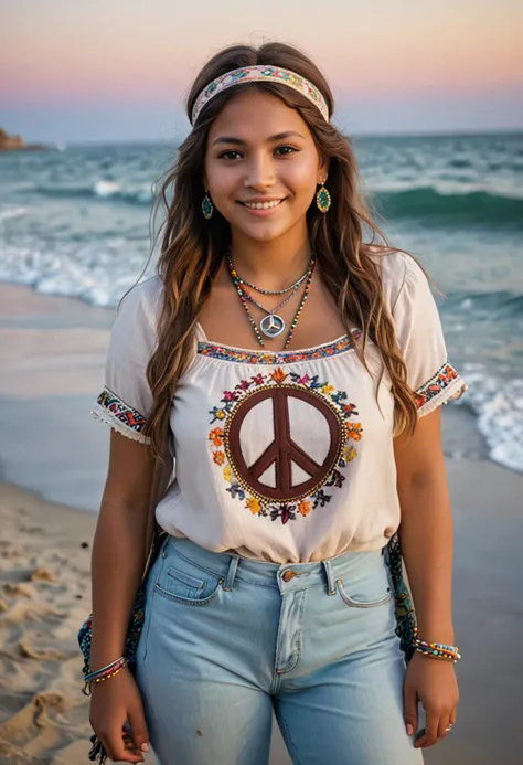 (medium full shot) of (laid-back hippie) young woman, native american, mocha skin, light brown eyes, full-figured build, short brown half-up half-down hair, wearing a pastel colors cotton blouse, bell-bottom jeans, beaded headband, suede flats, peace sign necklace, carrying a embroidered backpack, set in the 1960s, in  beach Party, sandy beach with a bonfire, people dancing and playing music, colorful blankets spread out, waves crashing in the background , under the moonlight, woman smiling, ,Masterpiece,best quality, photo, realistic, very aesthetic, detailed face,