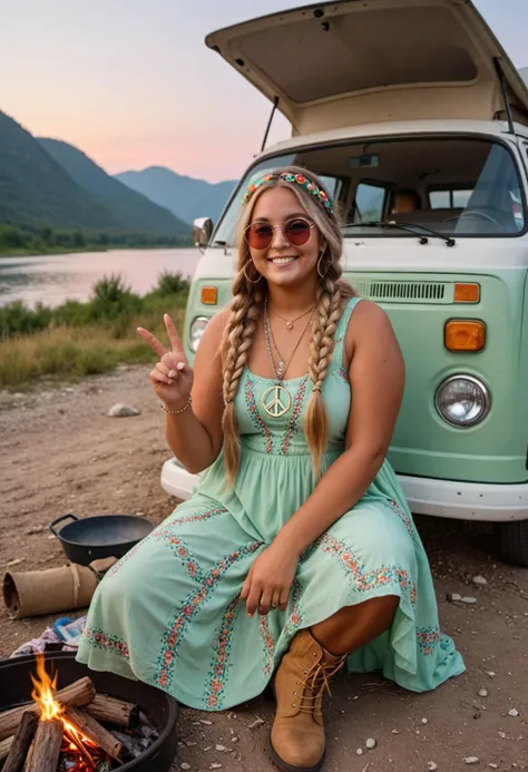 masterpiece, reality, 4k, (medium full shot) of (vibrant hippie) young woman, brazilian, tan skin, green eyes, full-figured build, extra long blonde double braids hair, wearing a pastel colors vintage gown, peace sign hair clip, ankle boots, peace sign necklace, round sunglasses, peace sign, set in the 1960s, in  van Camping, van parked by a river, people setting up a campfire, hanging out in and around the van, scenic mountains in the background, during sunset, woman smiling