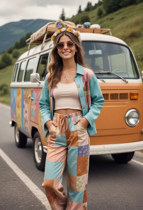 (medium full shot) of (artistic hippie) young woman, british, tan skin, brown eyes, lithe build, long brown french twist hair, wearing a pastel colors patchwork jacket, wide-leg pants, flower crown, flip-flops, beaded bracelets, round sunglasses, set in the 1960s, in road Trip, hippie van on a winding road, scenic landscapes passing by, people inside laughing and singing, windows rolled down, woman smiling, Masterpiece,best quality, photo, realistic, very aesthetic, detailed face,