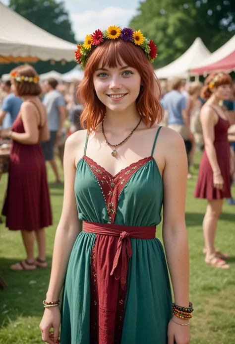 (medium full shot) of (unconventional hippie) young woman, german, fair skin, jade green eyes, lithe build, short red side-swept bangs hair, wearing a burgundy lace sundress, flower crown, flip-flops, beaded bracelets, handmade wrap, set in the 1960s, in  outdoor Festival, grassy area with large crowd, various booths selling handmade crafts, drum circles and dancing, vibrant banners and flags, under the moonlight, woman smiling, Masterpiece,best quality, photo, realistic, very aesthetic, detailed face,