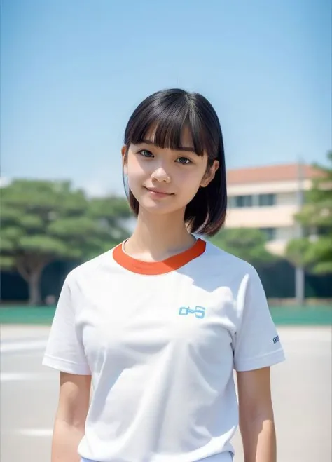 masterpiece,best quality,higher , <lora:JapaneseGymUniform:1> 1girl, plain shirt, solo, gym uniform, realistic, plain white shirt, buruma,beautiful face,face focus,(simple background:1.3), orange