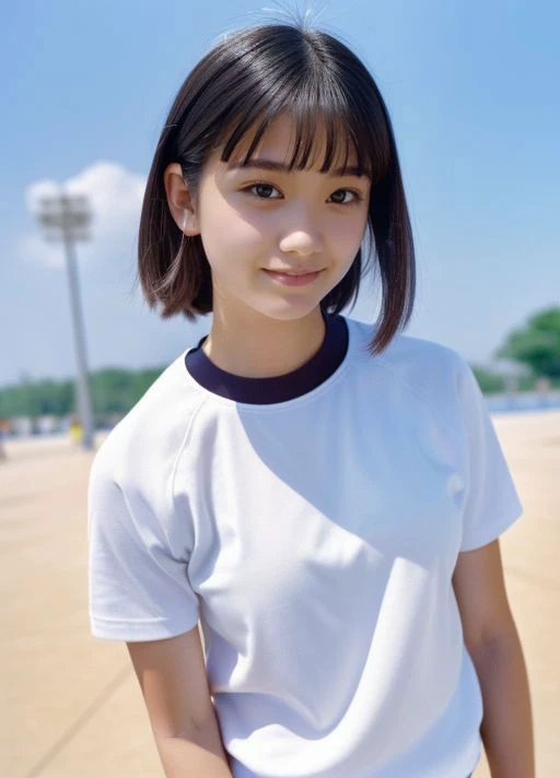 masterpiece,best quality,higher , <lora:JapaneseGymUniform:1> 1girl, plain shirt, solo, gym uniform, realistic, plain white shirt, buruma,beautiful face,face focus,(simple background:1.3)