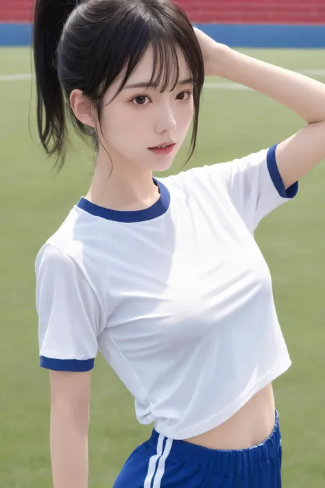 <lora:JapaneseGymUniform:0.7>, best quality, masterpiece, illustration, realistic, photo-realistic, amazing, finely detail, incredibly absurdres, huge filesize, ultra-detailed, highres, extremely detailed CG unity 8k wallpaper, nsfw, nude, small breasts, covered nipples, A close-up portrait of a Japanese school woman wearing a gym uniform, including a white short-sleeved shirt and buruma. She is standing on a sports field. Her hair appears slightly messy and damp, with bangs and a ponytail. The uniform has wrinkles and is not fully tucked in, revealing a bit of her midriff. There is a strong sense of sweat and wetness, making her clothing appear quite transparent and clinging to her petite frame. Her chest is modestly sized, with just a hint of shape visible through the damp fabric.