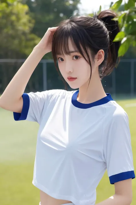 <lora:JapaneseGymUniform:0.7>, best quality, masterpiece, illustration, realistic, photo-realistic, amazing, finely detail, incredibly absurdres, huge filesize, ultra-detailed, highres, extremely detailed CG unity 8k wallpaper, nsfw, nude, small breasts, covered nipples, A close-up portrait of a Japanese school woman wearing a gym uniform, including a white short-sleeved shirt and buruma. She is standing on a sports field. Her hair appears slightly messy and damp, with bangs and a ponytail. The uniform has wrinkles and is not fully tucked in, revealing a bit of her midriff. There is a strong sense of sweat and wetness, making her clothing appear quite transparent and clinging to her petite frame. Her chest is modestly sized, with just a hint of shape visible through the damp fabric.