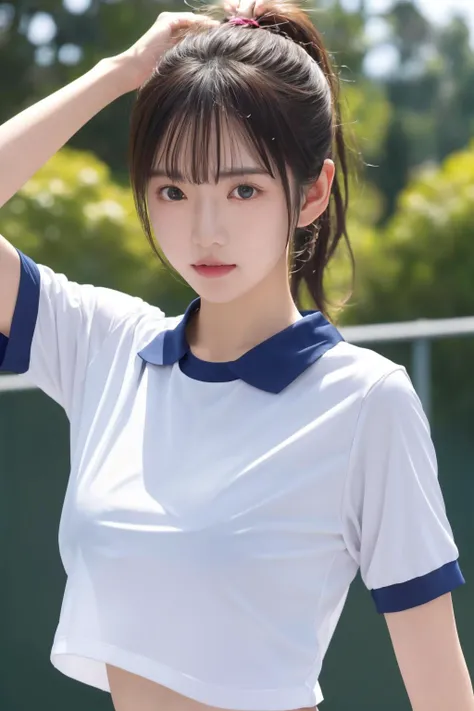 <lora:JapaneseGymUniform:0.7>, best quality, masterpiece, illustration, realistic, photo-realistic, amazing, finely detail, incredibly absurdres, huge filesize, ultra-detailed, highres, extremely detailed CG unity 8k wallpaper, nsfw, nude, small breasts, covered nipples, A close-up portrait of a Japanese school woman wearing a gym uniform, including a white short-sleeved shirt and buruma. She is standing on a sports field. Her hair appears slightly messy and damp, with bangs and a ponytail. The uniform has wrinkles and is not fully tucked in, revealing a bit of her midriff. There is a strong sense of sweat and wetness, making her clothing appear quite transparent and clinging to her petite frame. Her chest is modestly sized, with just a hint of shape visible through the damp fabric.