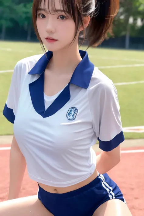 (Highest quality, 8K, masterpiece ), A junior high school student with a young face、Bun hairstyle、 Short Hairstyles、The eyes are large and clear、Large Breasts、Bla、Glamour thighs、White tight training shirt, Highly detailed face, double eyelid, Round face:1.2、whole body、Sexy thighs、Round e:1.3、Side angle,Diagonalrizontal angle:1.2、Tight shorts、From the back
