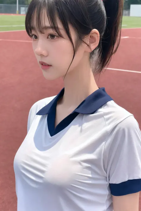 <lora:JapaneseGymUniform:0.7>, best quality, masterpiece, illustration, realistic, photo-realistic, amazing, finely detail, incredibly absurdres, huge filesize, ultra-detailed, highres, extremely detailed CG unity 8k wallpaper, nsfw, nude, small breasts, covered nipples, A close-up portrait of a Japanese school woman wearing a gym uniform, including a white short-sleeved shirt and buruma. She is standing on a sports field. Her hair appears slightly messy and damp, with bangs and a ponytail. The uniform has wrinkles and is not fully tucked in, revealing a bit of her midriff. There is a strong sense of sweat and wetness, making her clothing appear quite transparent and clinging to her petite frame. Her chest is modestly sized, with just a hint of shape visible through the damp fabric.