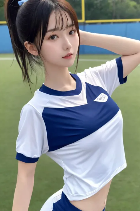 <lora:JapaneseGymUniform:0.7>, best quality, masterpiece, illustration, realistic, photo-realistic, amazing, finely detail, incredibly absurdres, huge filesize, ultra-detailed, highres, extremely detailed CG unity 8k wallpaper, nsfw, nude, small breasts, covered nipples, A close-up portrait of a Japanese school woman wearing a gym uniform, including a white short-sleeved shirt and buruma. She is standing on a sports field. Her hair appears slightly messy and damp, with bangs and a ponytail. The uniform has wrinkles and is not fully tucked in, revealing a bit of her midriff. There is a strong sense of sweat and wetness, making her clothing appear quite transparent and clinging to her petite frame. Her chest is modestly sized, with just a hint of shape visible through the damp fabric.