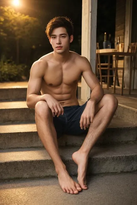 (masterpiece, best quality), Dark photograph, homoerotic, a shirtless average young man, redneck, smoking cigarette, sitting on concrete steps porch of small farmhouse, hazy, smokey, film, accurate proportionate, bare chest leg thigh knee calf foot barefoot, summer evening, nighttime, Photorealistic, hyperdetailed, life-like, sharp focus, ((detailed realistic skin, life-like detailed realistic face)),
