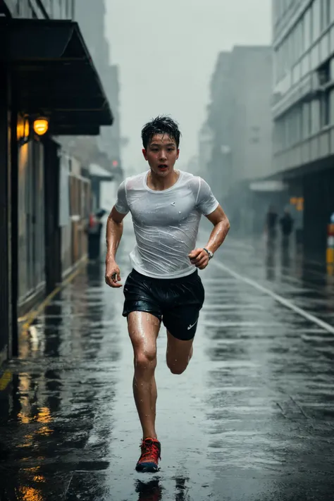 masterpiece, best quality, 1boy, athletic twunk, running on sidewalk, sport shorts, trainers, t-shirt, wet, wet clothes, rain, realistic, dramatic lighting, atmospheric, intricate detail, ((street background)),