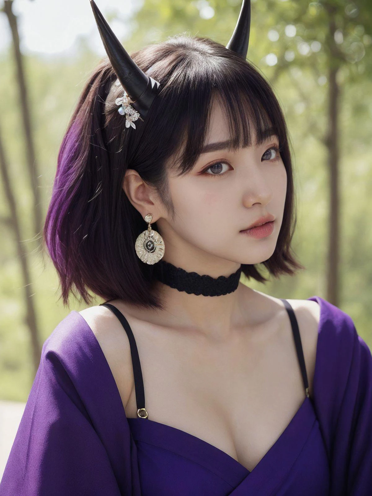 <lora:shutendoujitest:1> , shuten douji, (purple eyes:1.2), earrings, eyeshadow, horns, makeup, oni horns, purple hair, red eyeshadow, short eyebrows, short hair, single earring, (small breast:1.2), pointy ears, bare shoulders, collarbone, (japanese clothes, jewelry, long sleeves, revealing clothes, wide sleeves:1.6),