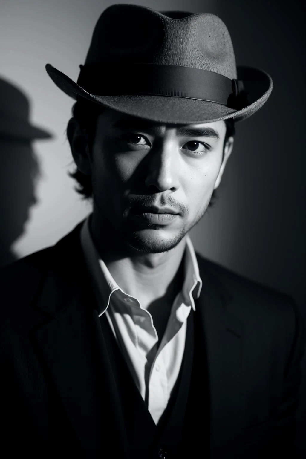 Portrait of a man with a fedora, in the style of chiaroscuro lighting, Sony α7, confident expressions, monochrome image, fine detail, Film Noir Influence, contemporary art, 35mm