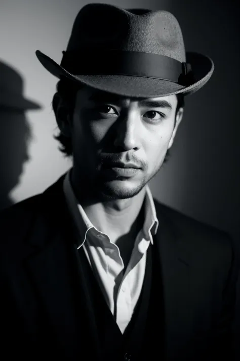 Portrait of a man with a fedora, in the style of chiaroscuro lighting, Sony Î±7, confident expressions, monochrome image, fine detail, Film Noir Influence, contemporary art, 35mm