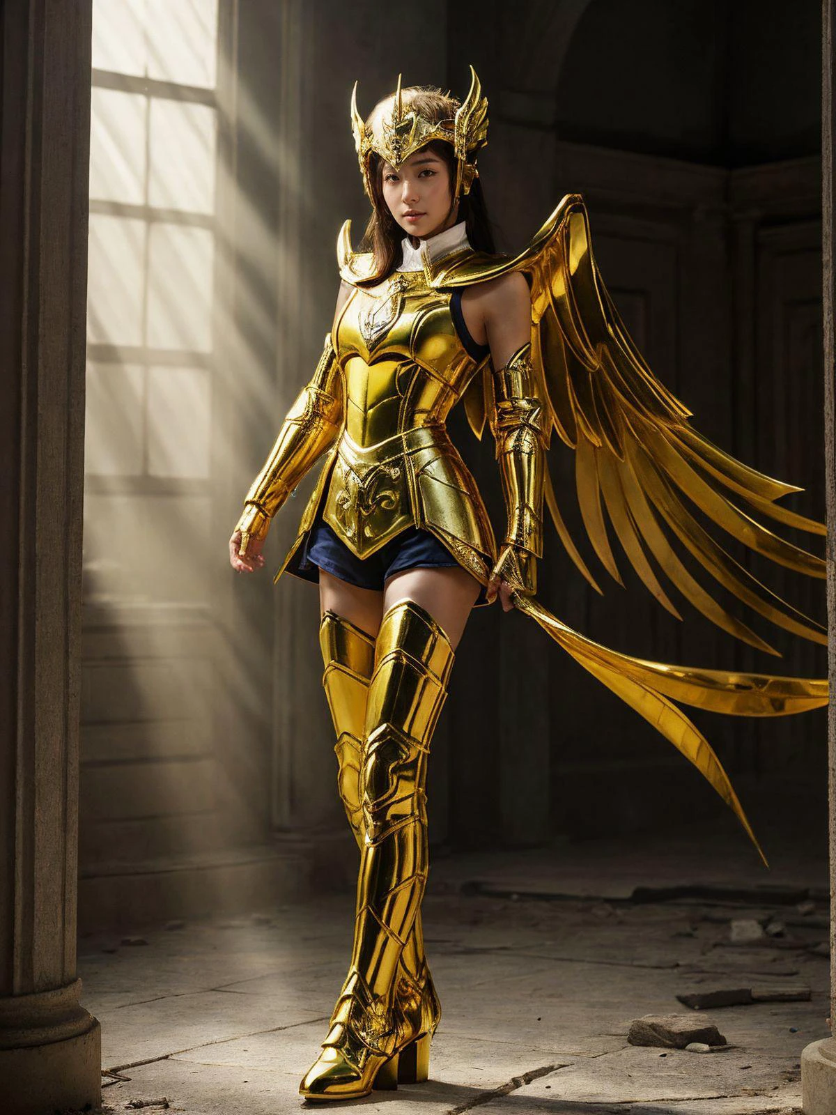 <lora:SagittariusArmor:0.4> , SagittariusArmor, armor, helmet, long golden wings, armor, golden armor, armor boots, reflection armor, fighting stance, in ruin Greek temple, full body view, blonde hair, long hair,