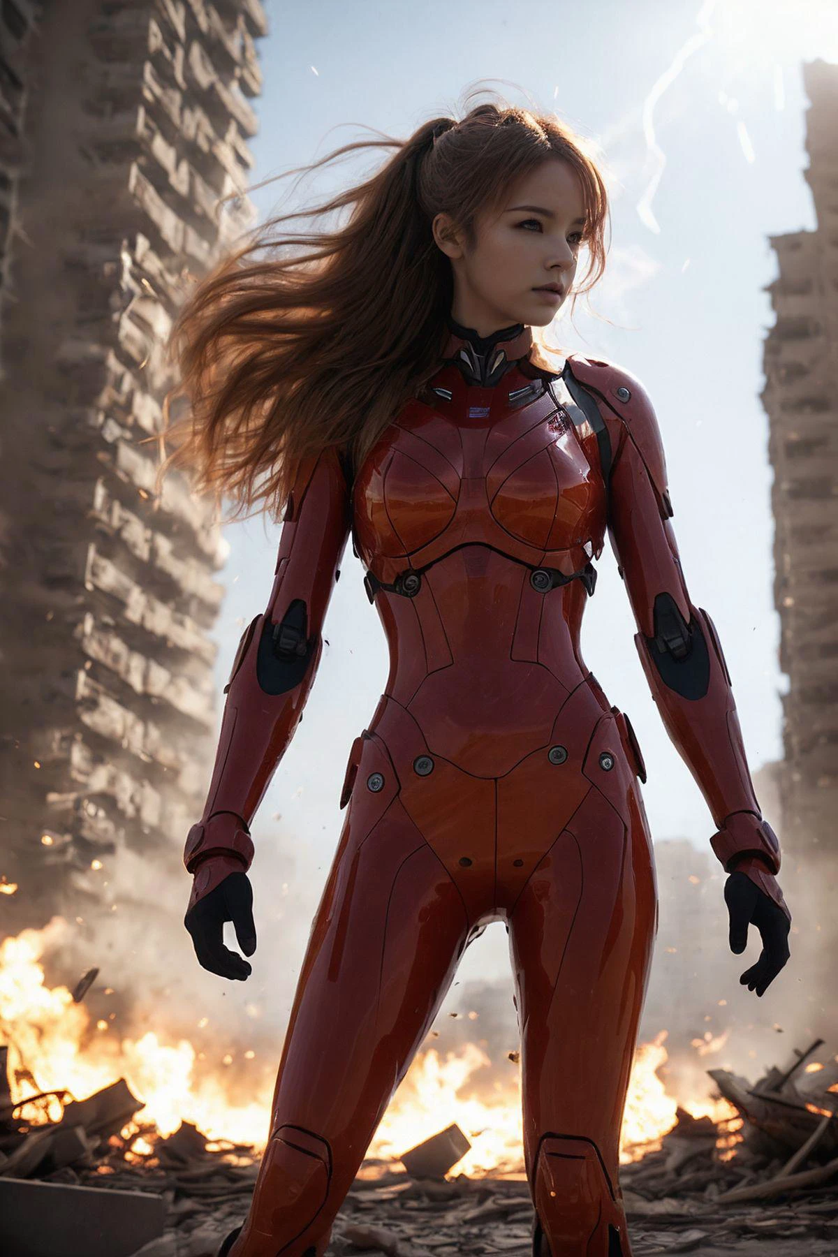 Asuka Langley Soryu, charging forward battlefield, the burst meteor, the fierce battle of fighting with his life, ultra detailed graphic tension, stunning colors, 3D rendering, surrealism, cinematic lighting effects, realism, 00 renderer, super realistic, full - body photos, super vista, super wide Angle, futuristic cyborg warrior in a ruined city, warzone, explosions, billowing smoke,towering destroyed buildings,