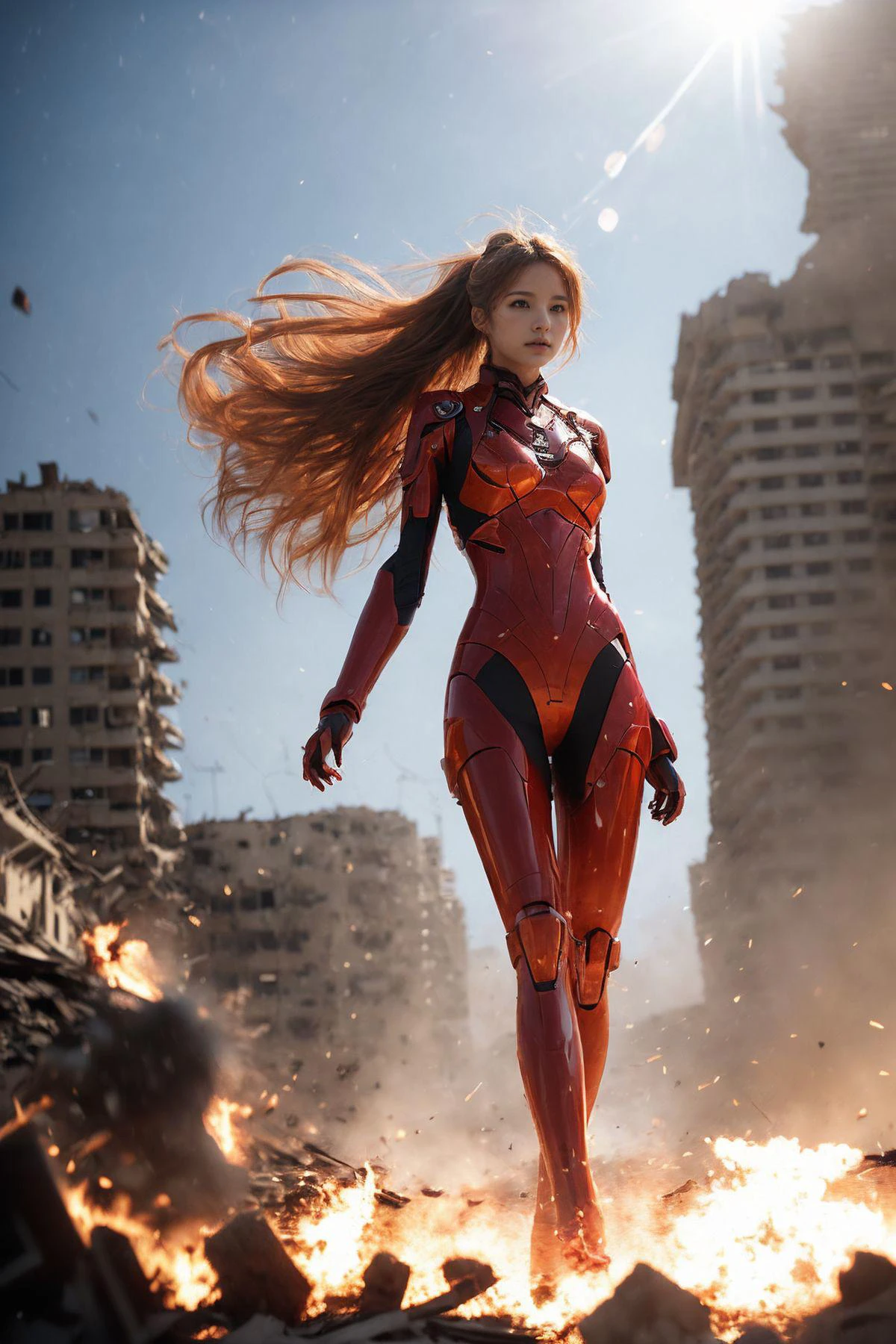 Asuka Langley Soryu, charging forward battlefield, the burst meteor, the fierce battle of fighting with his life, ultra detailed graphic tension, stunning colors, 3D rendering, surrealism, cinematic lighting effects, realism, 00 renderer, super realistic, full - body photos, super vista, super wide Angle, futuristic cyborg warrior in a ruined city, warzone, explosions, billowing smoke,towering destroyed buildings,