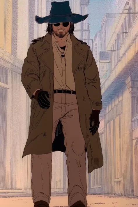 HeavyMetal1981 style, retro artstyle, <lora:HeavyMetalStyle:0.8> <lora:HeisenbergRE:0.8> HeisenbergRE, 1boy, long trench coat, shirt, standing, full body, sunglasses, black hair, gloves, hat, brown pants