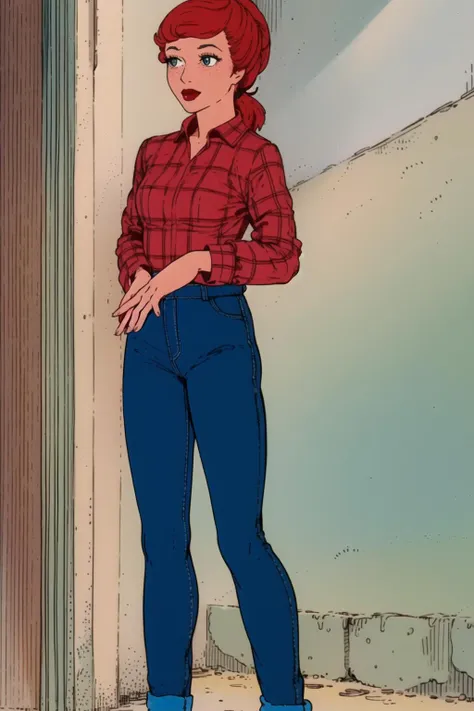 HeavyMetal1981 style, retro artstyle  <lora:HeavyMetalStyle:0.8> 1girl, tall girl, young woman, freckles, green eyes,( long ponytail:1.4), red hair, small breasts, jeans, blue pants, checkered shirt, (red shirt:1.4), (long sleeves:1.4), full body