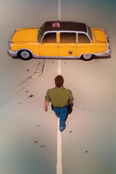 HeavyMetal1981 style, retro artstyle, <lora:HeavyMetalStyle:0.8>akiraposter, from above, from behind, solo, 1boy, male focus, vehicle focus, ground vehicle, car, yellow car, taxi cab, rusty car, old car, retro car, green shirt, brown hair, jeans, blue pants,  <lora:concept_akiraposter:1>