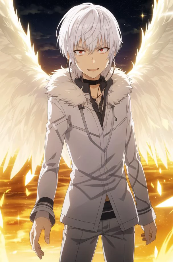 Outdoor,sunset, twilight,Castle,sunlight, sunrise, backlighting,cloud, cloudy_sky,mountainous_horizon, yellow_sky, yellow_theme,
standing in the center of the image,diffraction_spikes, glint,sparkle,
fiery_wings, fur-trimmed_coat,White shirt,White_long_pants,Earphone,White_angel_wings,
<lora:Accelerator_Index-KK77-V1:0.7>,accelerator_\(toaru_majutsu_no_index\),
White_hair,Short_hair,black_choker,Red_eyes,(Close-UP),
1 man, 20yo,male,Beautiful FingerBeautiful body,Beautiful Nose,Beautiful character design, perfect eyes, perfect face,
looking at viewer,
NSFW,official art,extremely detailed CG unity 8k wallpaper, perfect lighting,Colorful, Bright_Front_face_Lighting,
(masterpiece:1.0),(best_quality:1.0), ultra high res,4K,ultra-detailed,
photography, 8K, HDR, highres, absurdres:1.2, Kodak portra 400, film grain, blurry background, bokeh:1.2, lens flare, (vibrant_color:1.2)