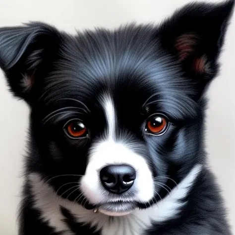 Buffy the Vampire Slayer a cute little black fured doggy, high detailed fur, black and white pencil sketch, detailed colored eyes, by gen and ai, trendig on artstation