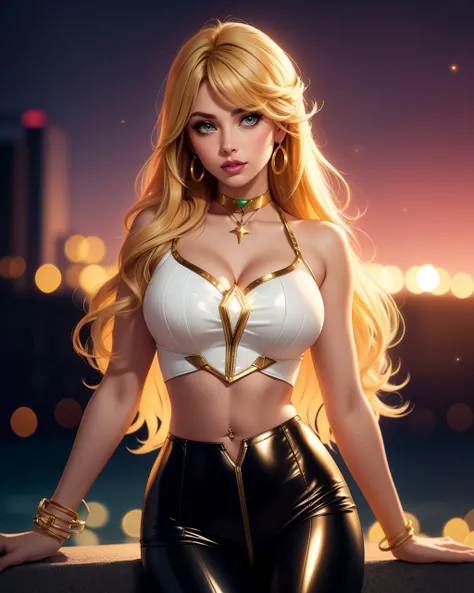 cinematic film still photogenic 1girl, solo,( tank top, laces) beautiful adult woman, solo, t4nkt0p, Mythra \(xenoblade\), Bright blonde long hair, chest jewel, (white and gold) dress, glowing green trim accents, holy magic, godrays,  midriff, navel,  nighttime, sunglasses( Pout:1.1),  choker, BREAK, (supple leather pants), bracelets, earrings, eyeliner, eyeshadow, makeup, purple lips evening, sunset, bokeh, hourglass figure, high quality,  best quality, high detail, 4k, 8k resolution, rim lighting <lora:CorsetTankTop-70:0.9>, photo by Tommy Ton, photo by Steven Meisel, boudior photoshoot, (navel piercing) , <lora:Outfit_LucentDream:0.3> luc3nt, luminescent, glowing, sparkles, light particles . shallow depth of field, vignette, highly detailed, high budget, bokeh, cinemascope, moody, epic, gorgeous, film grain, grainy