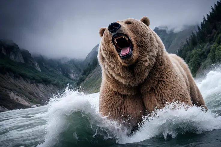detailed image, detailed (huge bear:1.3), fur, mouth open, big teeth, saliva, over water, Rough river, epic, cinematic clear sharp focus, 16k hdr, volumetric, stunning, dramatic, intricate, dramatic, gloomy, dark, overcast, foggy, hyperrealism of fog and haze, <lora:add_sharpness:1.5>, attacking, vicious, heavy rain, windy .