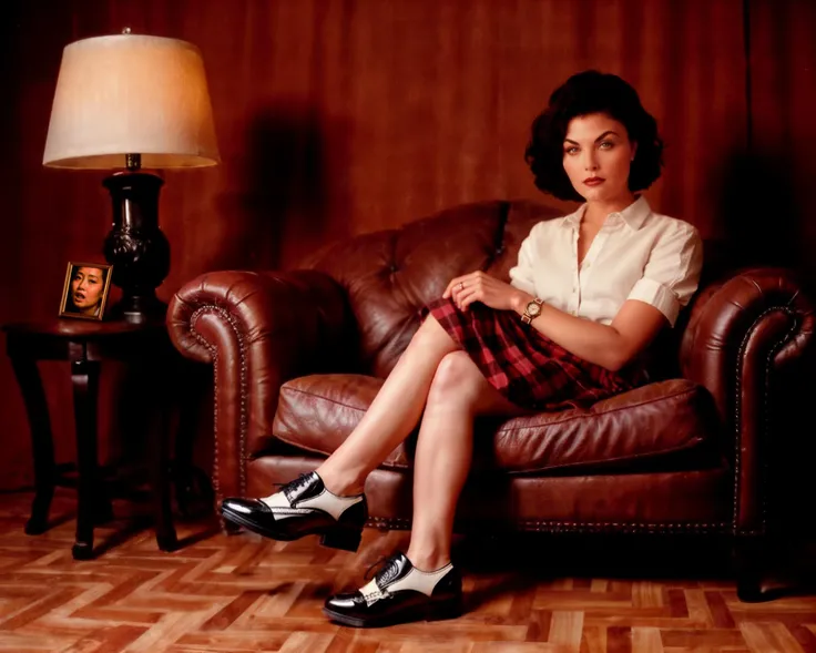 ((realistic)),((photo)), ((best quality)),cinematic photo of sherilyn fenn SHERILYN FENN in red room sitting on leather armchair, wearing white shirt and checkered skirt and black and white stepping shoes, red courtains, walls covered in red drapes, (zig zag pattern on the floor:1), (zig-zag pattern floor:1), twin peaks, red drapes, checkered floor, marble statues in background, david lynch style:1.5, sepia, dim light, (high detailed skin:1.2), 8k uhd, dslr, soft lighting, high quality, film grain, Fujifilm XT3, epic, intricate details, hyperdetailed <lora:Sherilyn_Fenn:0.5> <lora:SHERILYN FENN:0.5>