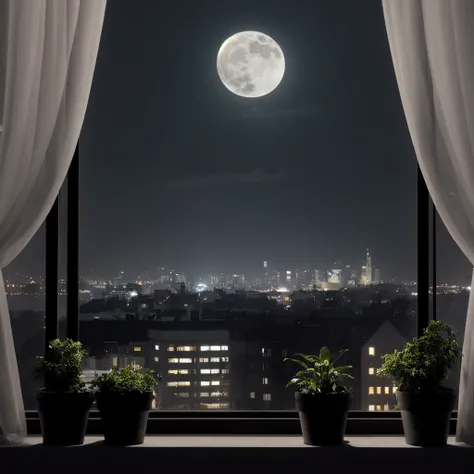 darkness, view on the night city from the window, dark room, flower pots on the windowsill, plants in pots, tulle transparent curtains, river embankment, riverside, socialist classicism, skyscrappers, city lights, cityscape, moon, clouds, black sky, lonely silhouette by the window