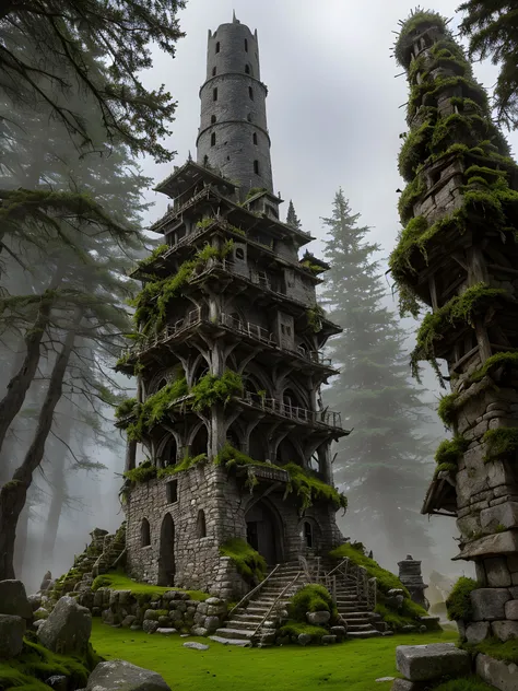 A weathered and mystical wizard's tower emerges from the landscape, a precarious structure blending elements of rickety wood and sturdy stone. Its architecture tells tales of ancient enchantments and arcane knowledge. The tower's base is constructed of moss-covered stones, giving it an aura of age and mystique. As it ascends, the tower transitions into a series of creaking wooden beams and timeworn planks that sway gently in the breeze. The tower stretches towards the stormy red sky, its pinnacle almost touching the roiling clouds. The sky above is painted in vivid shades of crimson, reflecting the tumultuous power that resides within the realm of magic. Arcane symbols and sigils are etched into the weathered surface of the tower, hinting at the secrets and spells contained within its walls. Flickering candlelight shines through the tower's narrow windows, providing a glimpse into the mysterious activities happening inside. Thunder rumbles ominously, adding an air of anticipation and otherworldly energy to the scene. This rickety yet magnificent wizard's tower stands as a testament to the ancient forces of magic and the boundless imagination of its enigmatic inhabitants. Wizard's Tower, Weathered, Stone, Wood, Arcane Symbols, Stormy Sky, Thunder, Magic.