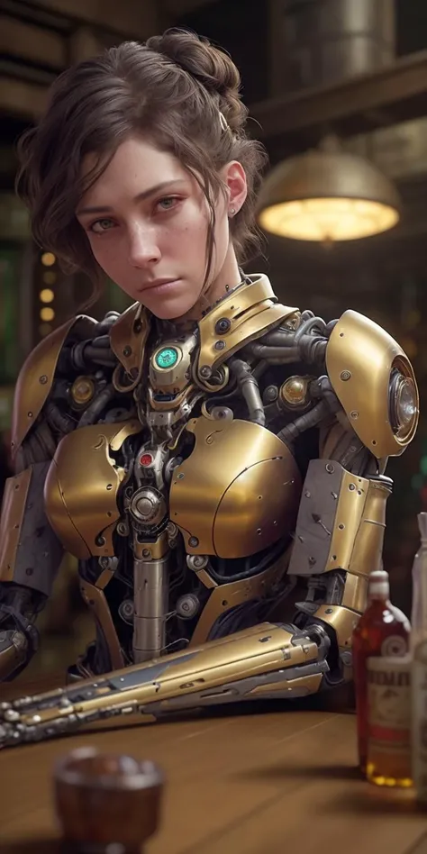 <lora:reelmech1v2:1> (reelmech:1.3),beautiful (EvelynNobodySD15) western RPG character brunette hair upsweep updo button shirt at a cantina sitting bar tequila liquor bottles, Lighting-Gold (dark moody ambience:1.2) (masterpiece:1.2) (photorealistic:1.2) (bokeh) (best quality) (detailed skin:1.2) (intricate details) (Clutter-Home) (8k) (HDR) (cinematic lighting) (sharp focus)