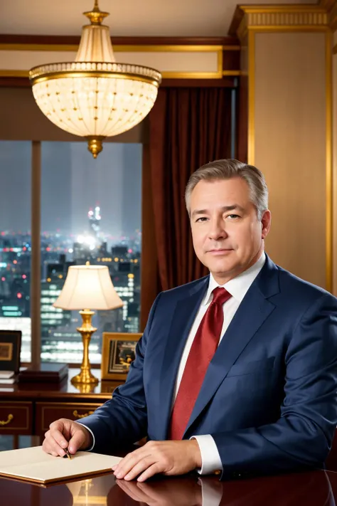 CEO portrait stock photo middle-aged man in luxurious penthouse office Style-Luxury sitting at desk overlooking city at night (masterpiece:1.2) (photorealistic:1.2) (bokeh) (best quality) (detailed skin) (intricate) (8k) (HDR) (cinematic lighting) (sharp focus) (Clutter-Home:0.7)