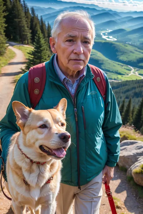 from_front facing viewer looking at viewer old man walking dog on mountain trail boots bright morning sunlight
(masterpiece:1.2) (photorealistic:1.2) (bokeh) (best quality) (detailed skin:1.3) (intricate details) (8k) (HDR) (analog film) (canon d5) (cinematic lighting) (sharp focus)