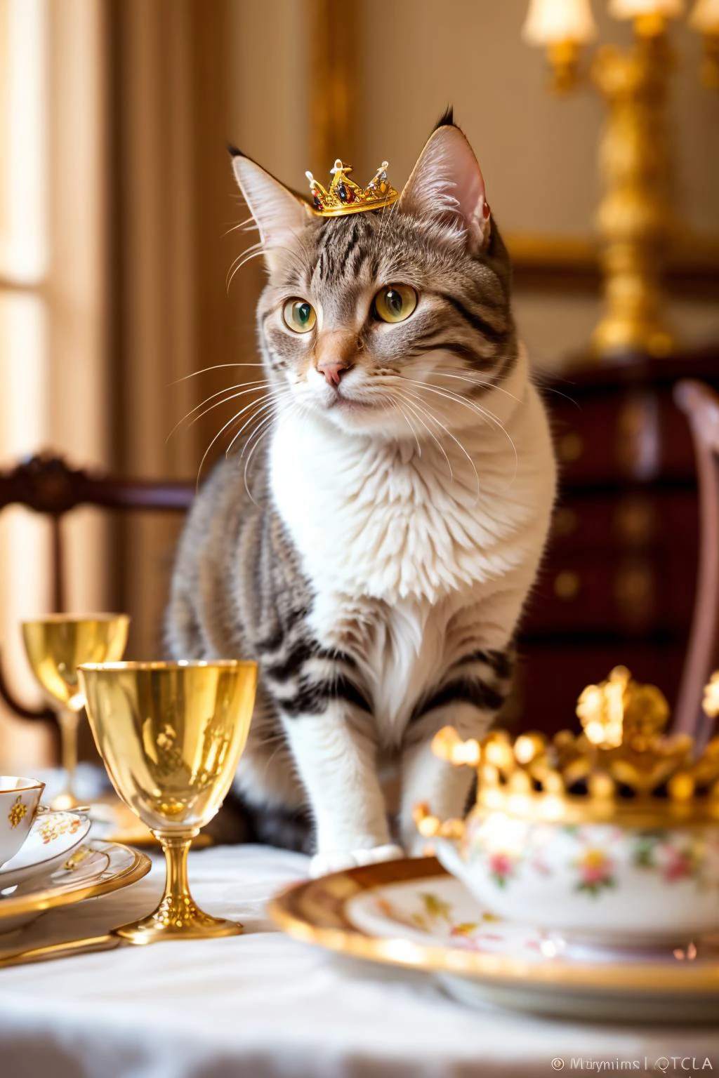 cat sitting at a fine dining table, wearing a tiny crown, crystal and porcelain plateware wealthy luxurious opulent mansion
f/1.4 200mm zoom depth of field ultra sharp photograph, (bright morning sunlight shining:1.2) (masterpiece:1.2) (photorealistic:1.2) (bokeh) (best quality) (detailed skin) (intricate) (8k) (HDR) (cinematic lighting) (sharp focus)