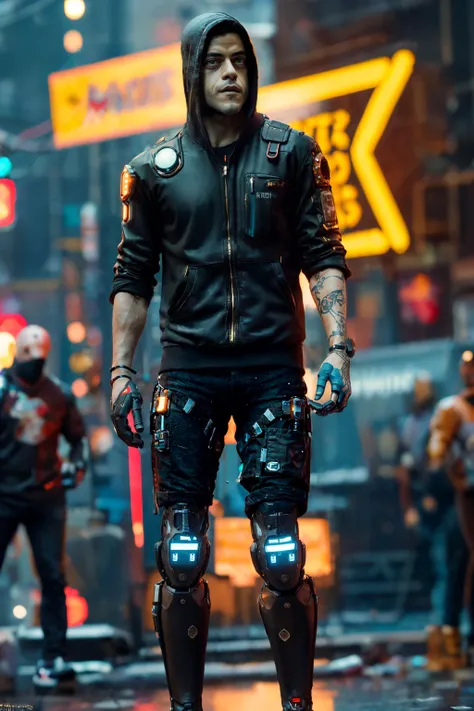 <lora:rami_malek-10:0.8> rami_malek, man, cyberpunk 2077, cyberpunk outfit, cyberpunk city, cyberpunk style, prothesis, neon, wires, robotic, upper body, robotic arms, robotic legs, hacker, full body, cyberpunk piercing, hood, computer,
