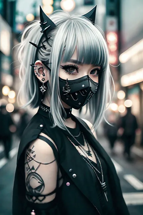 goth_punk, 1girl, solo, medium shot, walking in harajuku, ((night time)), bokeh, neon light, iridescent eyes, starry sky, white shimmer hair, white eyebrow, glowing hair, (iridescent white hair), earrings, bangs, jewelry, mask, blunt bangs, green eyes, mouth mask, blurry background, blurry, hair ornament, looking at viewer, short hair, portrait, sidelocks, <lora:Gothpunk:1>