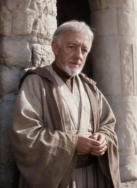 photo of sksjedi, proud , a young orphan discovers they are the heir to a powerful magical kingdom, landscape with chroma, analog style (look at viewer:1.2) (skin texture), Fujifilm XT3, DSLR, 50mm, <lyco:Obi Wan Kenobi:0.7>