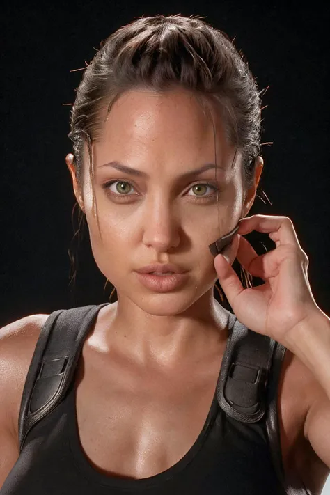 Wearing a tank top, thick figure, Capture Lara Croft in a luminous photograph that showcases her fearless spirit and undeniable beauty, Bring her to life with intricate details and a realistic portrayal,detailed skin, perfect eyes, highlighting her iconic symmetry, Realism, textured skin, super detail, award winning, best quality, 16k, retina