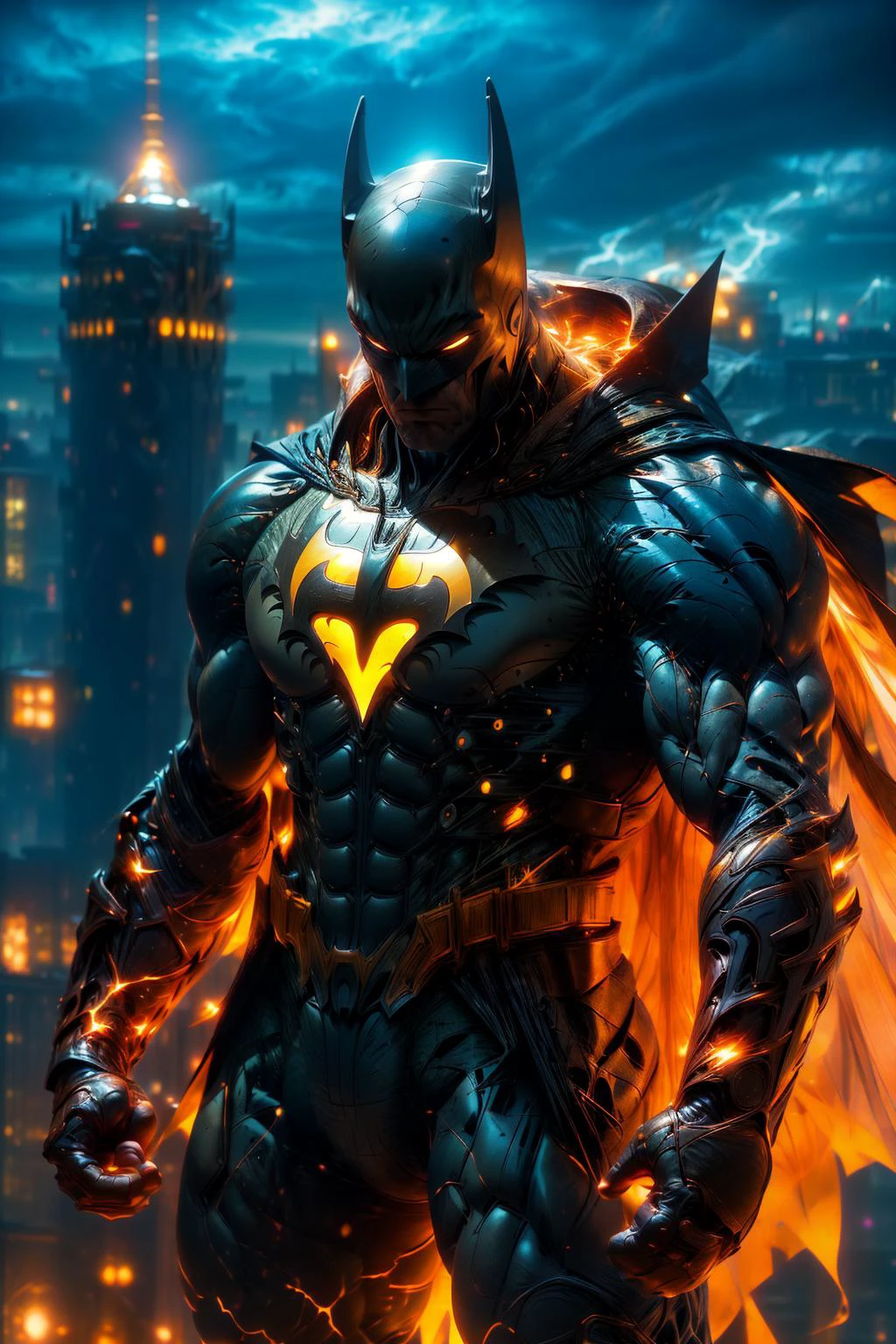Batman, cape, ((masterpiece, best quality)), (cracked skin:1.2), glowing suit, aura, energy, white electricity skin cracks, muscular male, outdoors, night, (city:1.2), standing on a roof, top down view, detailed background <lora:r1ge - AnimeRage:0.7> <lora:Cracked Skin:1.0> <lora:more_details:0.5>, <lora:LowRA:0.5>, <lora:GlowingRunesAIv4:0.7> <lora:FINAL Robort:0.55> <lora:Unholy:0.6> <lora:epi_noiseoffset2:0.7> <lora:epoxy_skull:0.7>