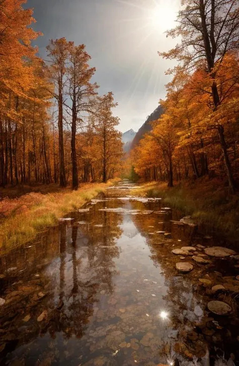 floor level photo within Canadian Mountain Range, National Park, during the last week of September at the height of fall colors [reds, yellows] cold air after heavy rainfall [perfect AM lighting conditions] with a feeling of splendor and humility [long exposure on wide format bellows camera] [rays of sunshine on the forest floor] with true film high dynamic range [color John Shaw photography] award winning, legacy artwork