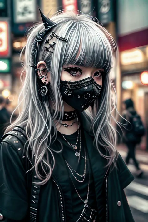 goth_punk, 1girl, solo, medium shot, walking in harajuku, ((night time)), bokeh, neon light, iridescent eyes, starry sky, white shimmer hair, white eyebrow, glowing hair, (iridescent white hair), earrings, bangs, jewelry, mask, blunt bangs, green eyes, mouth mask, blurry background, blurry, hair ornament, looking at viewer, short hair, portrait, sidelocks, <lora:Gothpunk:1>, <lora:add_detail:1>