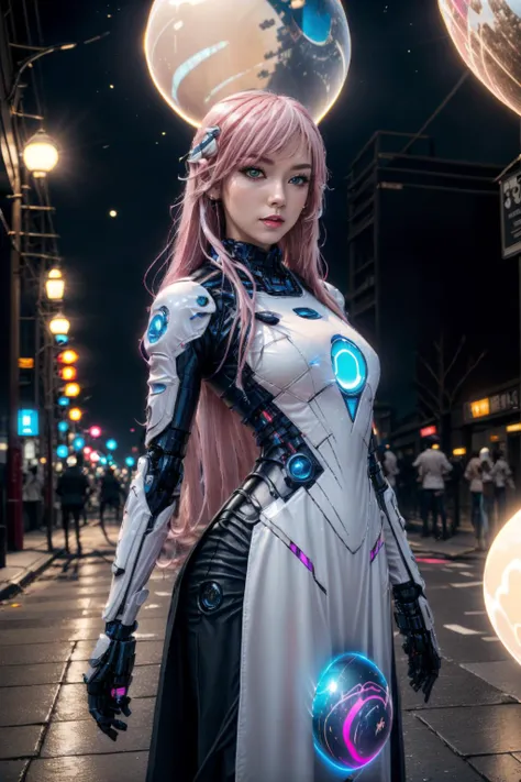 official art, unity 8k wallpaper, (ultra detailed), beautiful and aesthetic, beautiful, masterpiece, best quality, (1girl:1.3), (long hair, pink hair:1.4), mature female, cyberpunk, mecha, sexy, iridescent eyes, starry sky, standing, futubot, futureaodai, (street:1.3), neon light, (blue orb core:1.4), (white clothes:1.3), (wind blowing:1.3), <lora:futureaodai:0.7>, <lora:add_detail:0.7>