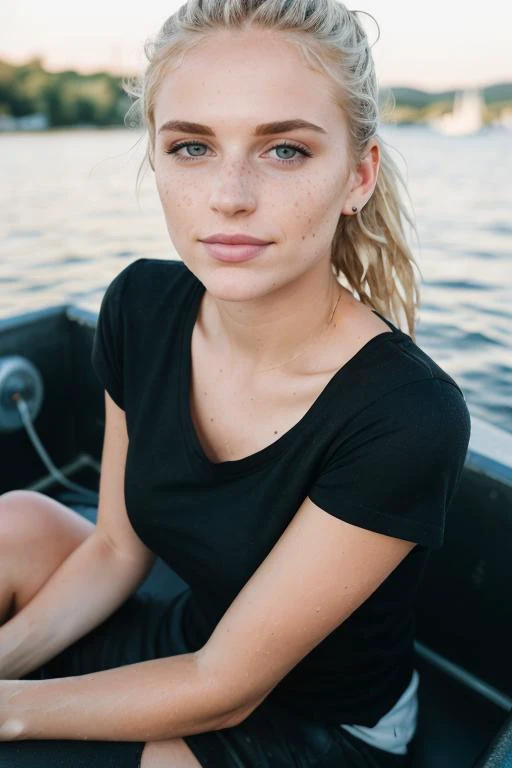 RAW, real photo portrait, cute 25-year-old tomboy female, on a boat, (wearing a wet white t-shirt), pretty face, insanely detailed eyes, (small breasts:1.1), luscious lips, detailed skin, light blonde hair, high ponytail, bokeh, natural light, depth of field, (photorealistic, best quality:1.2), golden hour, sharp focus