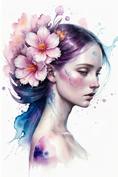 1girl ,
dramatic lighting,
Anna Dittmann
floral , splash
negative space
realistic
watercolor painting
photorealistic
muted color