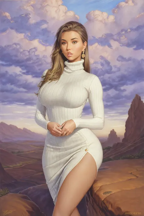 m1kayladem <lora:mwhelan:1>mwhelan 1girl oil painting cliff clouds (casual bicolor turtleneck dress), (tight skirt) close up