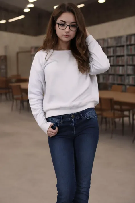 posing, ddjeans, ddsweater, 
black hair, nerd, library, 1girl, shy, <lora:DDsj_1.2:0.75>
