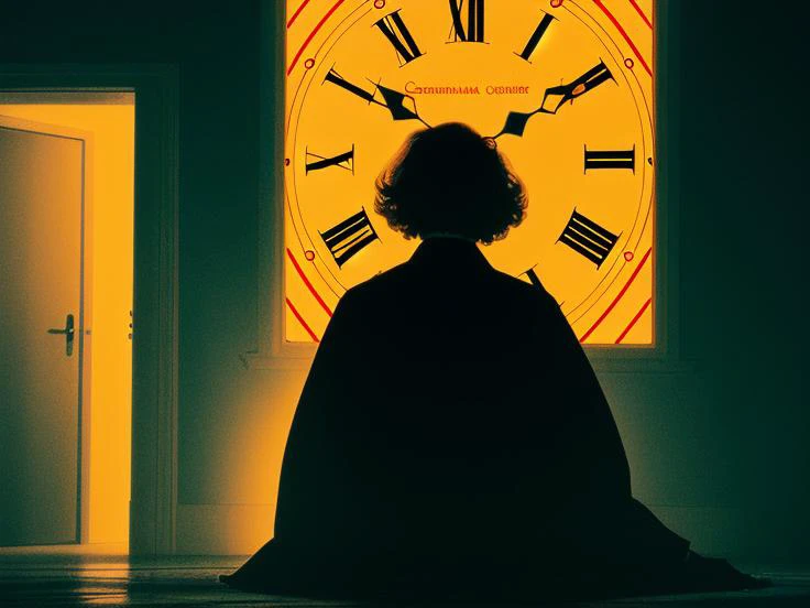 GIALLOSTYLE, (biggest qualiity, masterpiece, absurdres) a man sitting in a dark room with a clock in the background and a dark room with a mirror