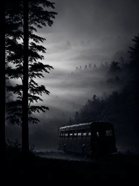 <lora:EdobShadow_v1.0:1.0> side view of EdobShadow silhouette of a wrecked bus, in the morning fog, in a forest, epic, dramatic lighting, ray of light.